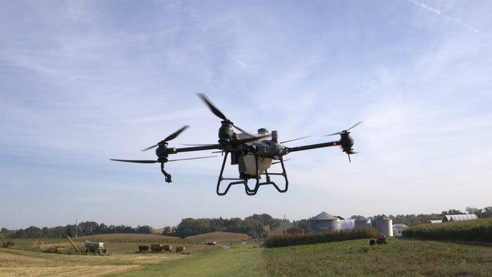  A drone flying over farmland