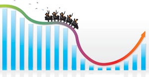 Vector illustration of businessmen on a roller coaster ride bar graph