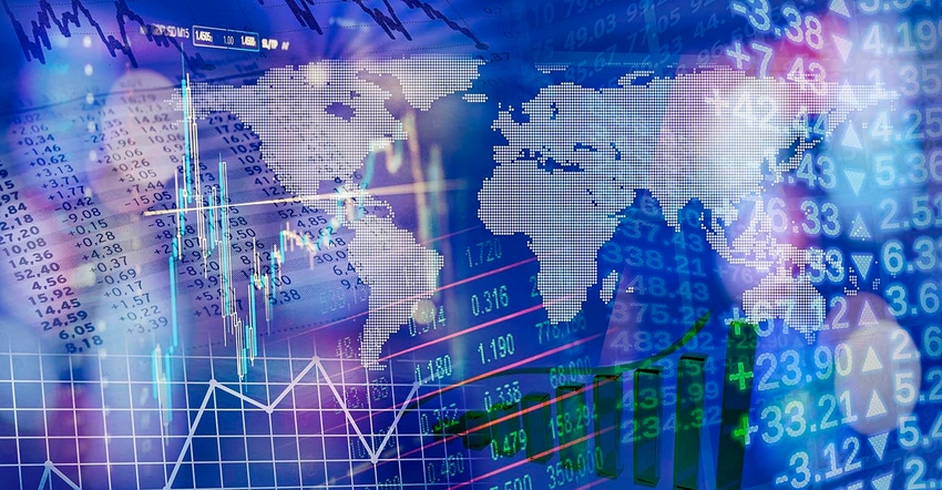 LED collage of financial graphs and a map