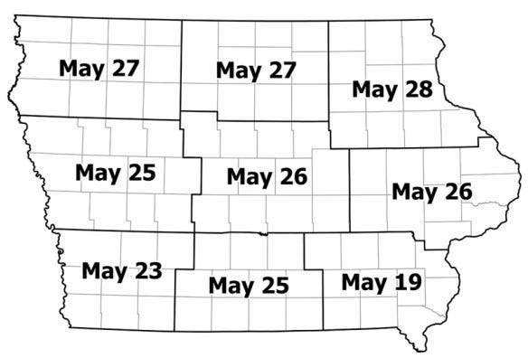 Estimates of when black cutworm will likely begin cutting corn plants in each Iowa crop reporting district are based on peak moth flights in April Map