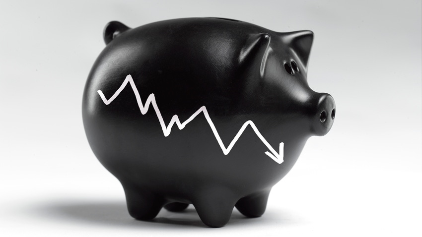 Black piggy bank with downward trend line representing recession.