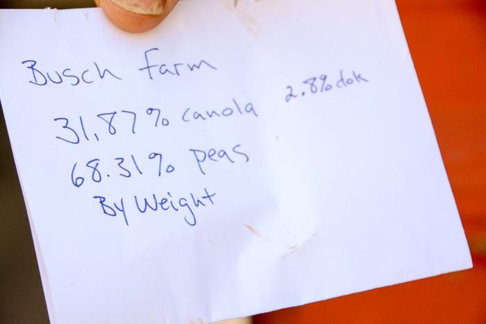 A piece of paper with the percentage of field peas and canola in Greg Busch's crop sample written in blue ink