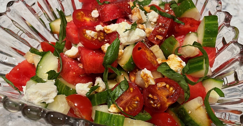 bowl of tomato watermelon salad with cucumbers and feta cheese and basil