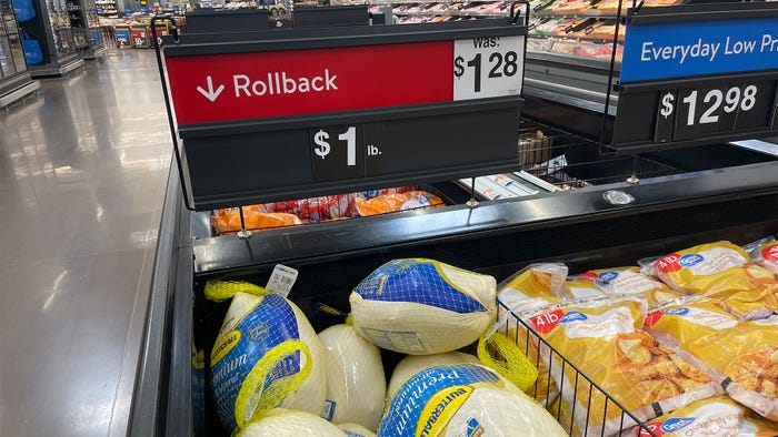  Frozen Butterball turkeys in a freezer chest on sale for 1 dollar per pound