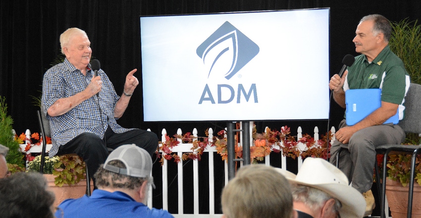 Orion Samuelson and Max Armstrong talking at the Farm Progress Show