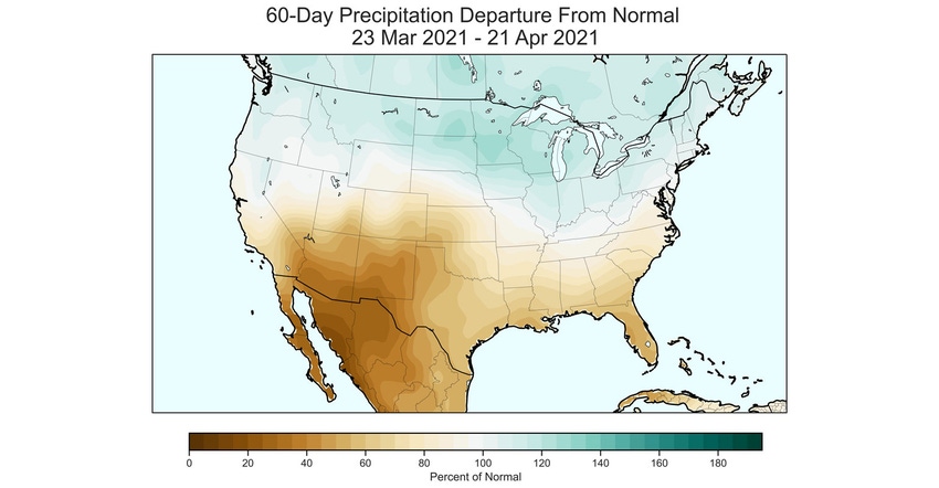 U.S. map shows 60-day precipitation departure from normal: 23 March 2021 - 21 April 2021