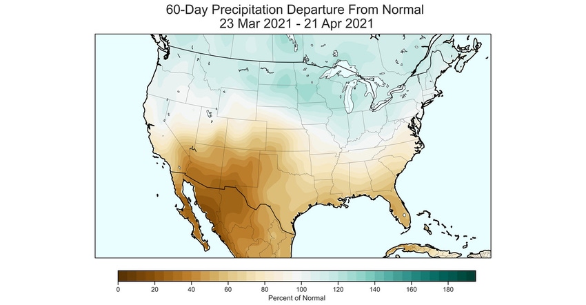 U.S. map shows 60-day precipitation departure from normal: 23 March 2021 - 21 April 2021 U.S. map shows 60-day precipitation departure from normal: 23 March 2021 - 21 April 2021