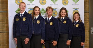 New Illinois FFA state officer team consists of Jaton Shaffer (left), Lauren Mohr, Adam Loker, Kara Freebairn and Gracie Murp