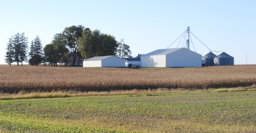 soybean field with silo and barns in background