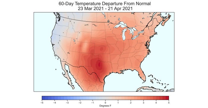 U.S. map shows 60-day temperature departure from normal: 23 March 2021 - 21 April 2021