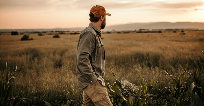 stressed male farmer walking through rural area as sun sets