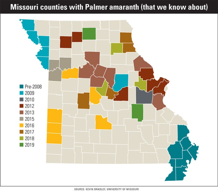 Missouri counties with Palmer amaranth (that we know about) pre-2008-2019