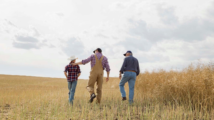 Multi-generational family walking in wheat field