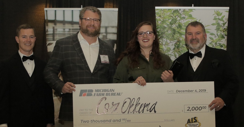 : Cora Okkema of Mecosta County was named winner of MFB’s 2019 Young Farmer Discussion Meet. With her are state Young Farme