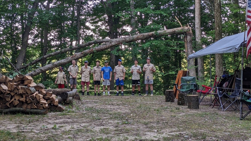 Boy Scouts at camp in woods