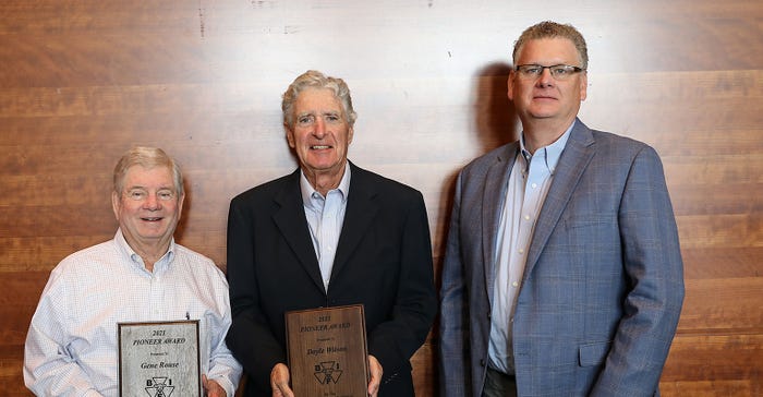 Gene Rouse , and Doyle Wilson , receive the Beef Improvement Federation Pioneer Award from Dr. Scott Greiner 