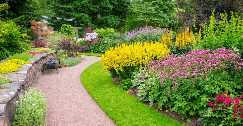 Garden path and flowerbeds leading to a house