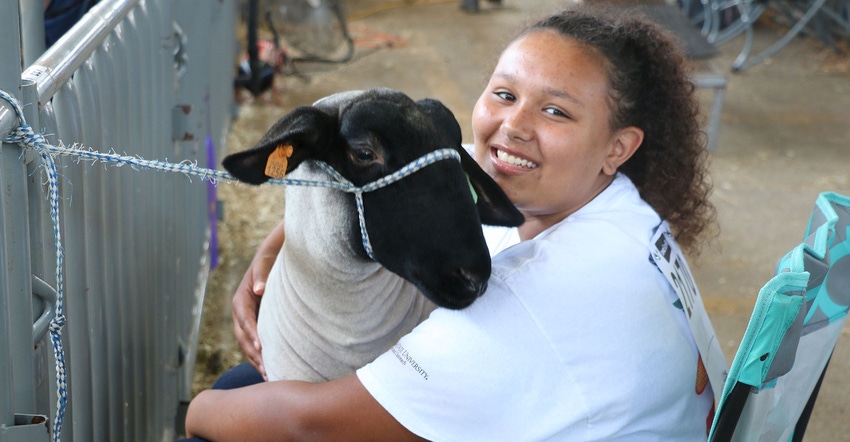 Madison County 4-H’er Elaine Frey poses with one of her sheep 