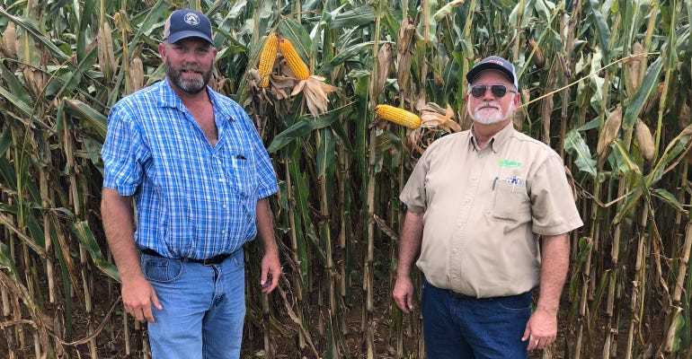 Drew Haines and his agronomist Grant Troop stand in corn field