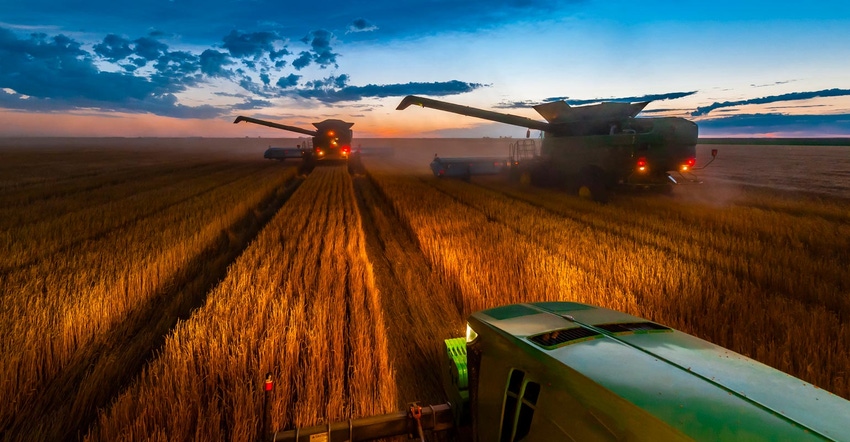 Combine tractors working in a wheat field at twilight