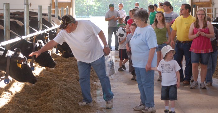 Visitors to Schefers dairy farm interact with Holstein cattle