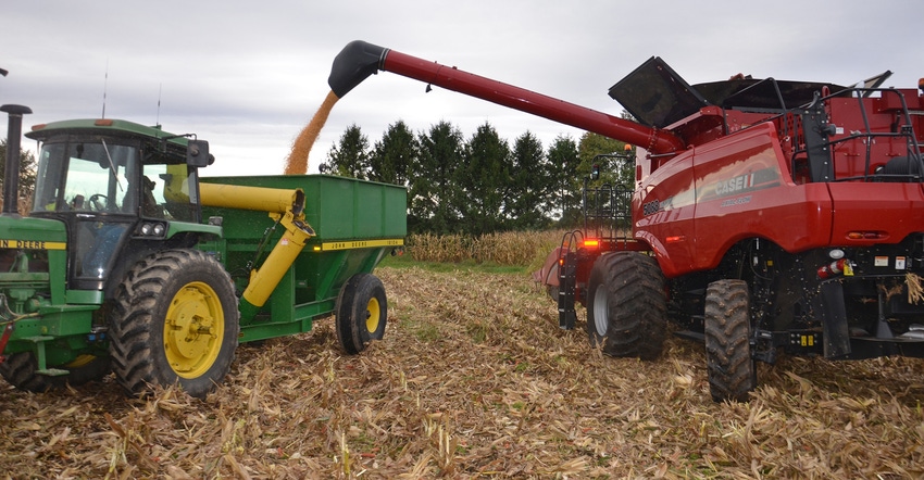 combine harvesting corn into cart