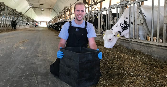 Trent Westhoff uses a Penn State Particle Separator to collect dry cow feed samples for colostrum production factors research