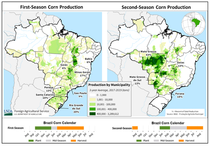 Map of Brazil's first season corn production vs. second season corn production