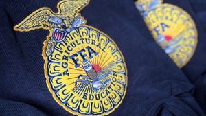 closeup of FFA emblem on back of blue corduroy jacket