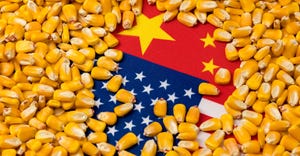 Flags of China and United States of America covered in corn kernels. Concept of Chinese and American agriculture imports, exp