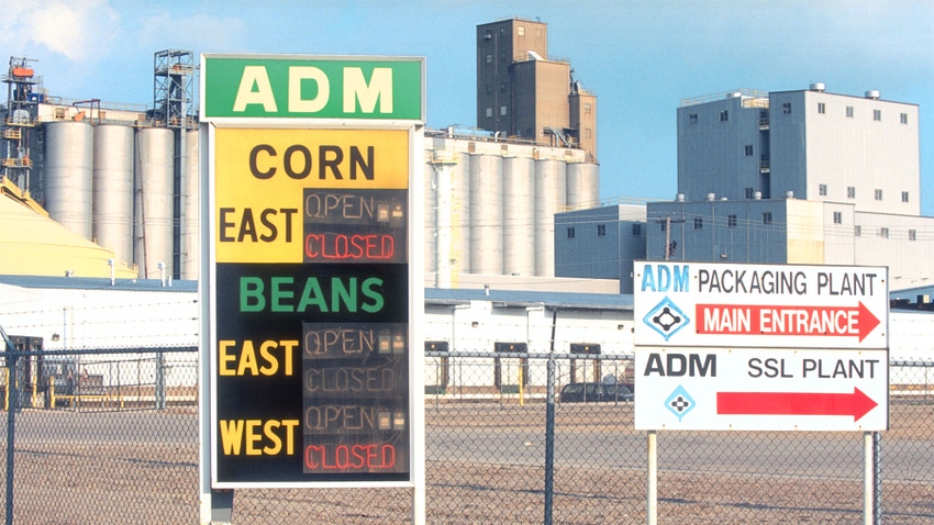 Signs outside of an ADM packaging plant facility