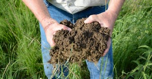 A farmer holds up a clump of soil in a field