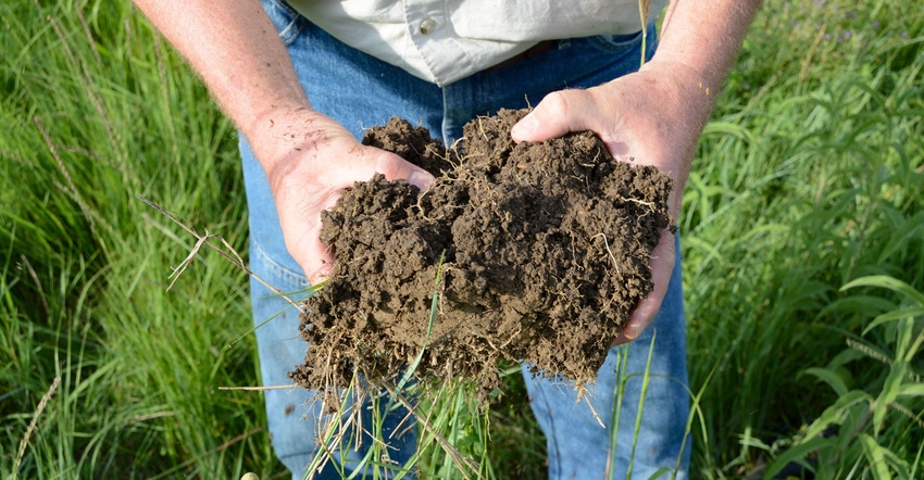A farmer holds up a clump of soil in a field