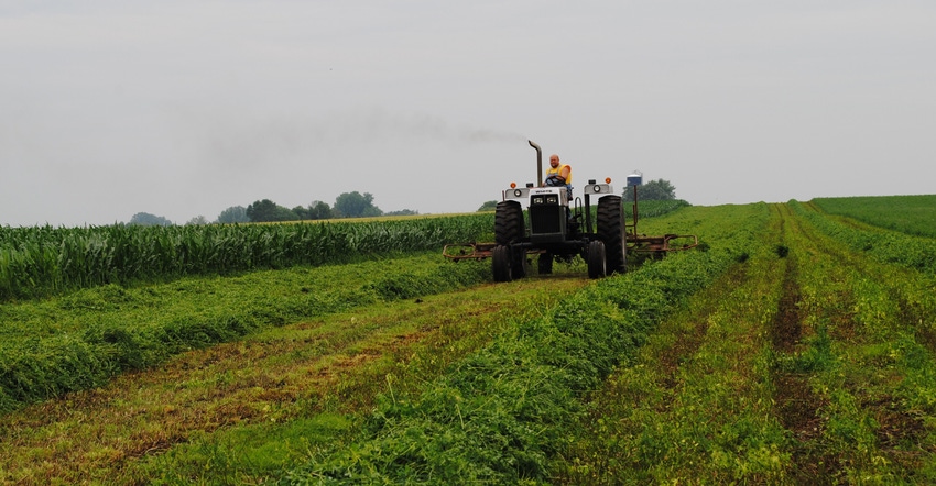 Farmer on tractor in alfalfa field