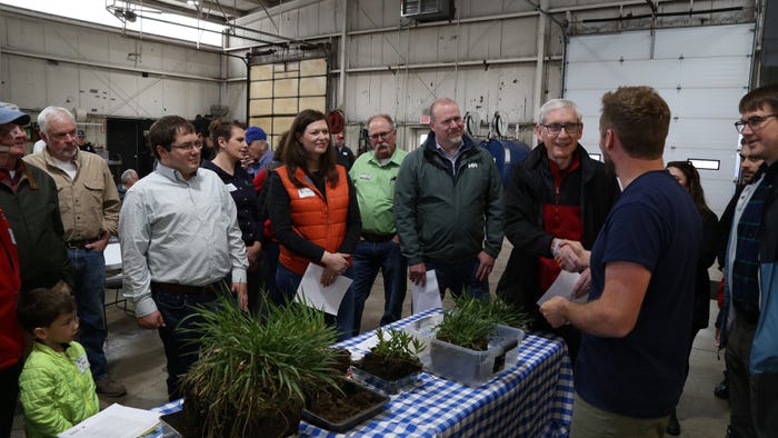 Members of a watershed group called Farmers on the Rock (River), along with Gov. Tony Evers and Wisconsin Ag Secretary Randy Romanski, visited W. Hughes Farms near Janesville, WIs.