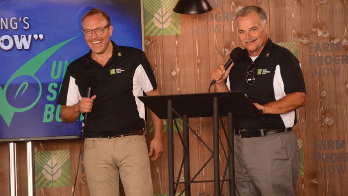 Max Armstrong, right and Mike Pearson, left on stage