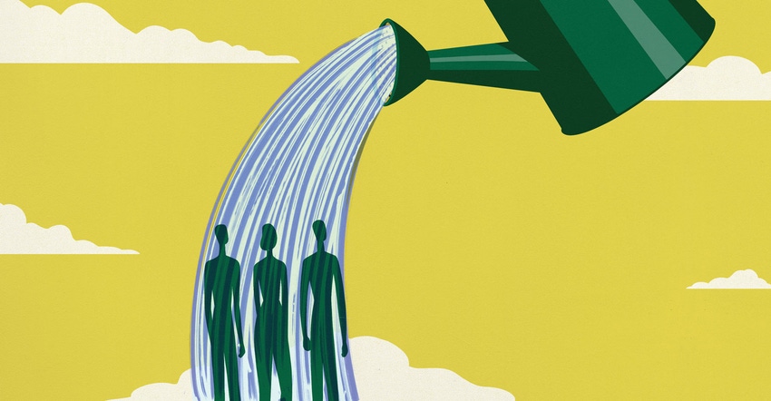 Illustration of three people being watered by watering can.