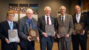2023 Prairie Farmer Master Farmers Martin Barbre, Curt Strode, Bob Easter, Ron Moore and David Meiss hold plaques
