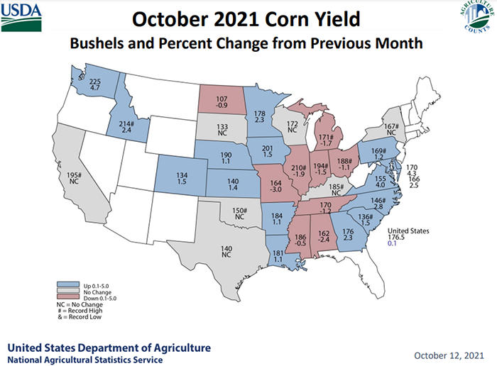 USDA October 2021 corn yield map
