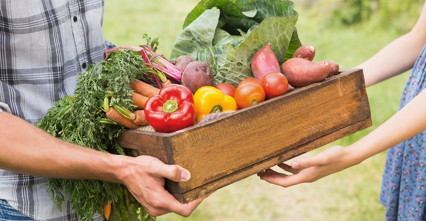 farmer giving box of vegetables to customer farmer giving box of vegetables to customer