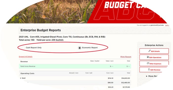  UNL’s Agricultural Budget Calculator program allows users to generate reports for both cash costs and total economic costs for each enterprise. 