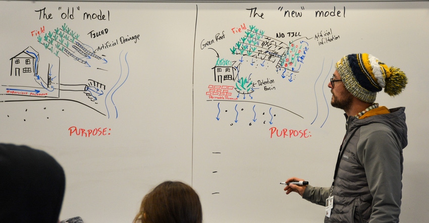 Kean Roberts leads a discussion with students while drawng on white board with