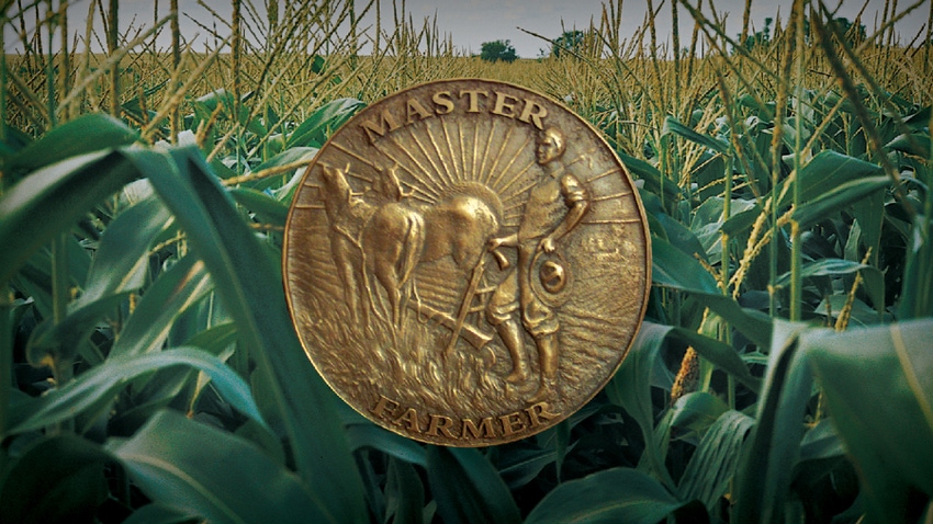 Master Farmer medallion centered on background of cornfield
