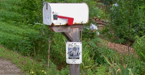 A sign attached to a mailbox surrounded by plants