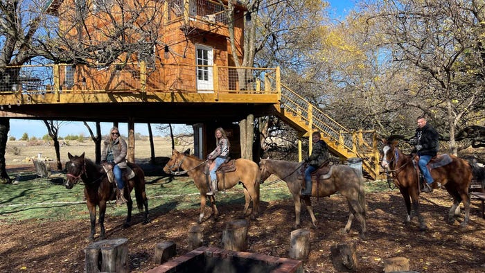 600-square-foot treehouse with people riding horses in front of the treehouse