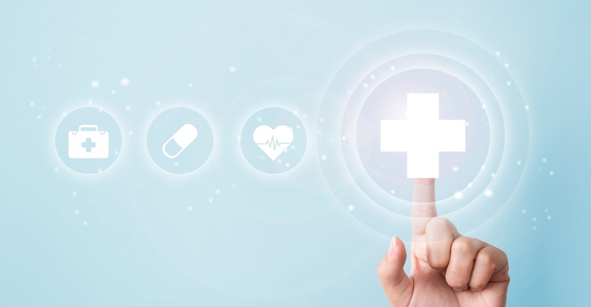 hand touching blue medical cross with other digital symptoms against blue background hand touching blue medical cross with other digital symptoms against blue background