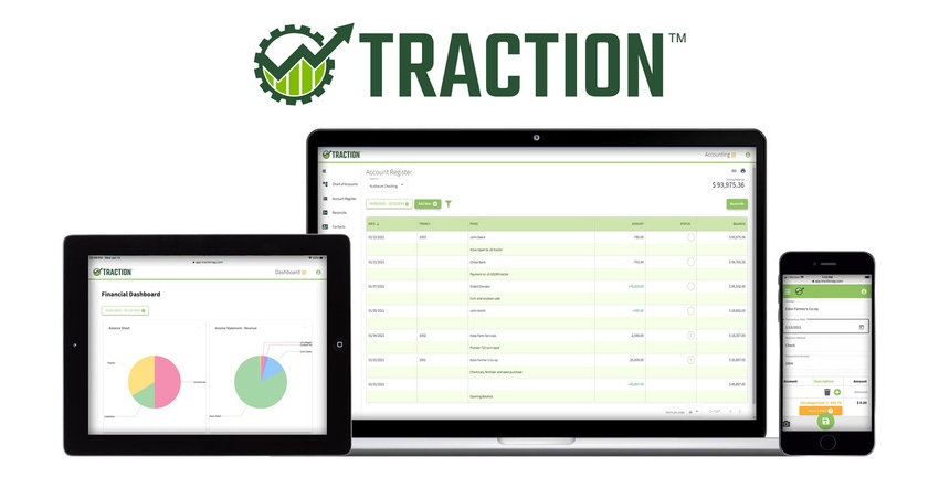 Laptop, tablet and phone screens from Traction's cloud-based farm accounting application 
