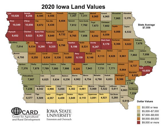 Map of 2020 Iowa land values