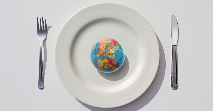 The world globe on a white plate arranged with silverware around it against a white background