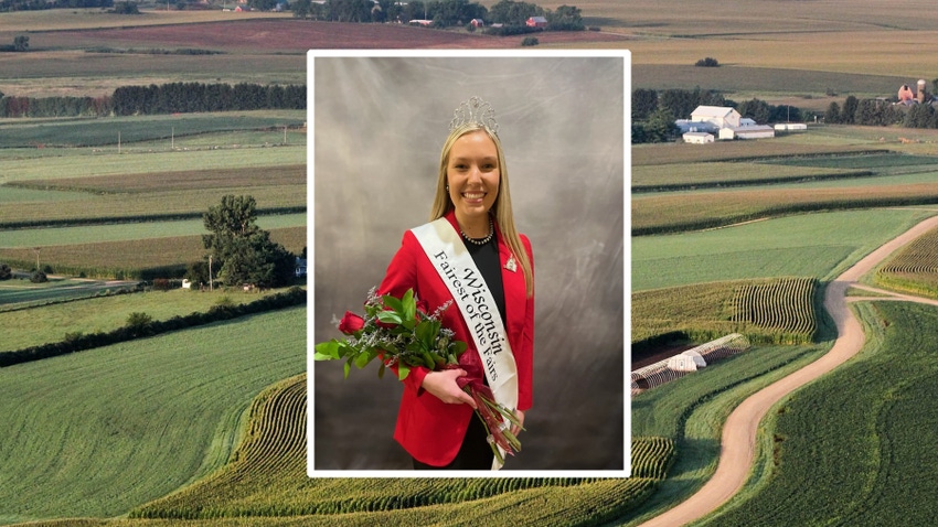 Kelsey Henderson photo overlaid on a scenic photo of corn and soybean fields